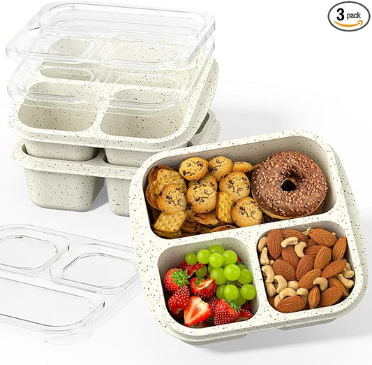 Snack Boxes (3 Pack) - Stackable Bento Boxes with 3 Compartments, Meal Prep Containers Reusable, Lightweight Lunch Containers for Kids and Adults, BPA Free (Off White)