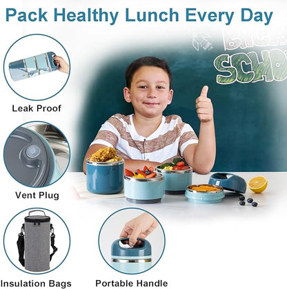 Lille Home 3-Layer Stainless Steel Lunch Box 1.43L- Leakproof, BPA-Free Insulated Bento Box for On-the-Go Meal Prep, Stackable Food Container for Women & Men