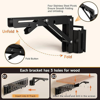 2 Pack E Track Folding Shelf Brackets - 8 Inches Heavy Duty Steel E Track Folding Shelf Bracket with Stainless Pivot,E Track Folding Fixed Shelf Bracket for Truck,Enclosed Trailer,Garage,Workbench