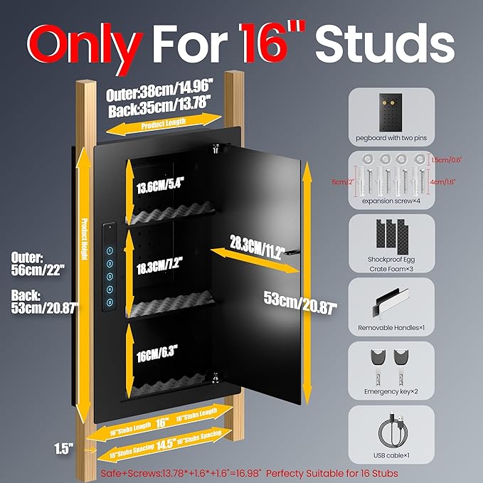 Grimtron Quick Access Wall Safe with Removable Pegboard & Shelfs, Flat Hidden Wall Safes Between The Studs 16" Centers, Black Wall Mount Safe for Valuables, Gifts for Men and Women