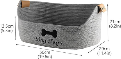 Woven Dog Toy Baskets ,Rope Basket for Dog Toys,Collapsible Dog Toy Bin with Leather Handles,Trapezoidal Puppy Toy Storage Basket,Chewproof Dog Organizer for Toys,Collar,Leash,blankets-Gray