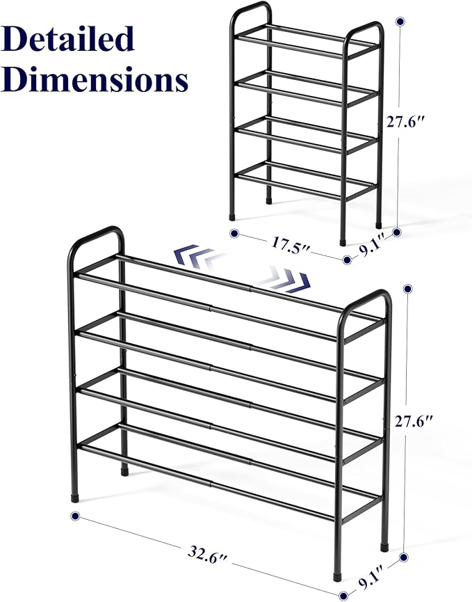 Kitsure Extendable Shoe Rack - 2-Tier Adjustable Metal Shoe Organizer, Sturdy Rust-Resistant Shoe Shelf for Entryway, Closet, or Bedroom, 17.5"–32.6" x 9.1" x 27.6", Black