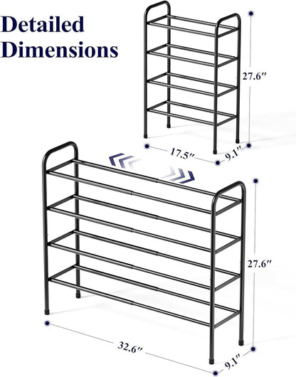 Kitsure Extendable Shoe Rack - 2-Tier Adjustable Metal Shoe Organizer, Sturdy Rust-Resistant Shoe Shelf for Entryway, Closet, or Bedroom, 17.5"–32.6" x 9.1" x 27.6", Black