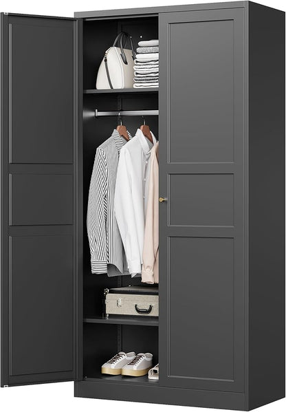 MIIIKO Wardrobe Closet with 2 Doors, 72" Metal Wardrobe Cabinet with Hanging Rod, Bedroom Armoires Laundry Room and Office Clothes Storage Organizer Cabinets Black
