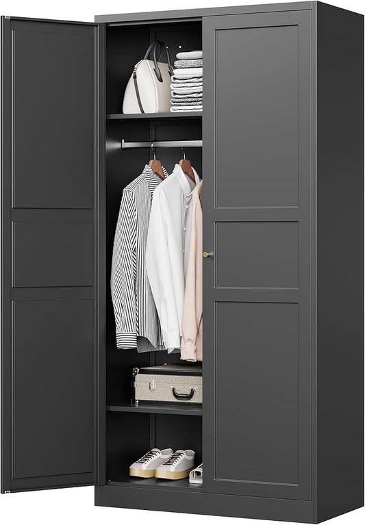 MIIIKO Wardrobe Closet with 2 Doors, 72" Metal Wardrobe Cabinet with Hanging Rod, Bedroom Armoires Laundry Room and Office Clothes Storage Organizer Cabinets Black