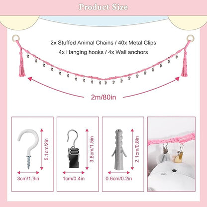 80" 2-Pack Cotton Hanging Storage Chain For Stuffed Animals Storage with 20 Metal Clips, Stuffed Animal Organizer Chain for Wall Corner Nursery Play Room, Pink
