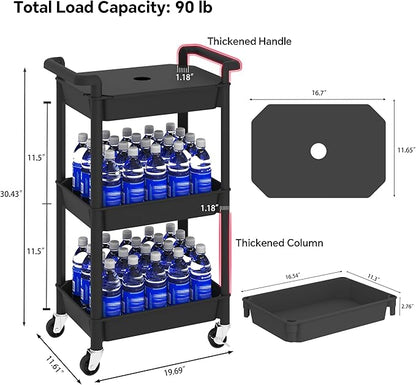 MIOCASA Utility Rolling Cart with Cover Top Board, 3-Tier Kitchen Storage Organization, Art Cart with Wheels for Office, Classroom, Livingroom, Kitchen, Bathroom (Black, 3-Tier-Plastic)