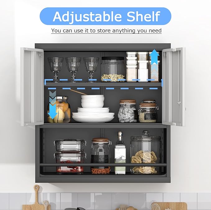 Metal Cabinet Wall Mounted, Garage Storage Cabinets with 2 Door & Adjustable Shelves, Steel Floating Hanging Storage Cabinet, Metal Storage Cabinet for Bathroom, Office, Warehouse