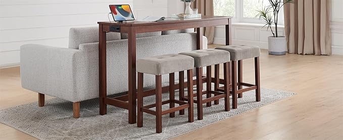 59" Power Outlet Mid Century Console Table, Slim Console Table with Solid Wood Frame, Long Narrow Console Tables for Living Room & Kitchen, Cherry