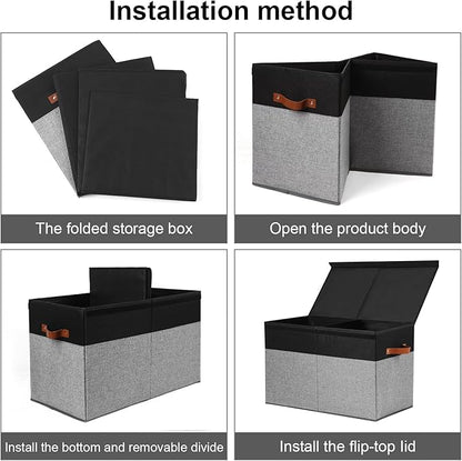 Large Toy Storage Box with Lid, Sturdy Toys Storage Chest Bin Organizer Basket with Dividers for Kids, Boys, Girls, Nursery, Closet, Bedroom, Playroom 25"x13" x16" (Black and Grey)