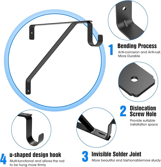 Pisman 10 Inch Heavy Duty Closet Rod Bracket Adjustable 2-Pack, Closet Rod Support with Shelf Bracket and Rod Holders - Black Steel Clothes Hanger for Bedroom, Laundry Room Storage