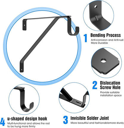 Pisman 10 Inch Heavy Duty Closet Rod Bracket Adjustable 4-Pack, Closet Rod Support with Shelf Bracket and Rod Holders - Black Steel Clothes Hanger for Bedroom, Laundry Room Storage