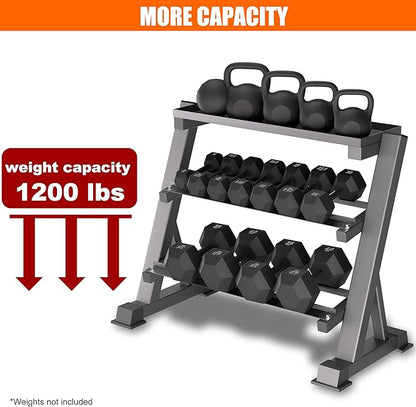 Heavy Duty 3 Tier Dumbbell Rack Stand, 1200LBS Weight Rack for Home Gym, Dumbbell and Kettlebell Storage with Adjustable Width, Stand Only