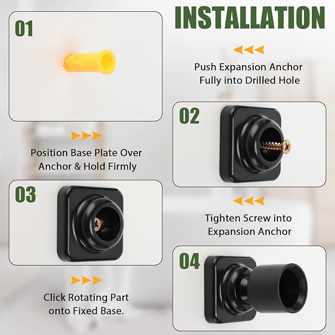 4 Sets Angled Shower Rod Brackets for 25mm Bar - Heavy Duty Wall Mount with Plugs & Screws, Low Cost Solution (4, Black)