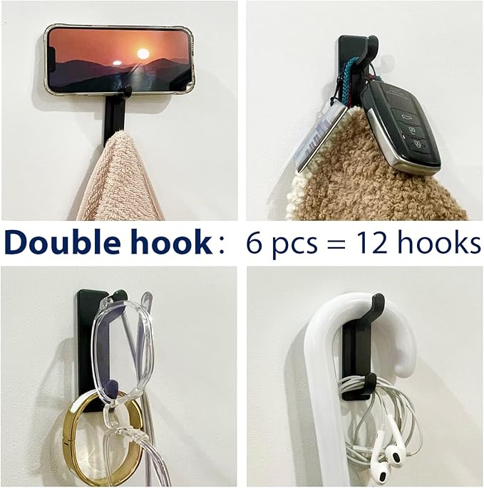 pickpiff Wall Hooks for Coat and Towel: 13LB Strong Adhesive Door Hanger Stick on, Black 6 Pack