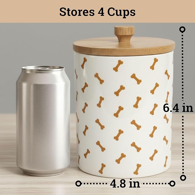 Dog Treat Container Airtight - 5 Inch Wide x 6.4 Inch Tall Ceramic Dog Treat Jar for Kitchen Counter with Airtight Bamboo Lid - 4 Cup Capacity Pet Treats Container - Doggie Cookie Jar Treats Canister
