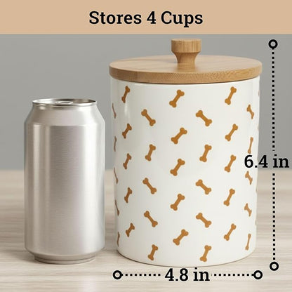 Dog Treat Container Airtight - 5 Inch Wide x 6.4 Inch Tall Ceramic Dog Treat Jar for Kitchen Counter with Airtight Bamboo Lid - 4 Cup Capacity Pet Treats Container - Doggie Cookie Jar Treats Canister