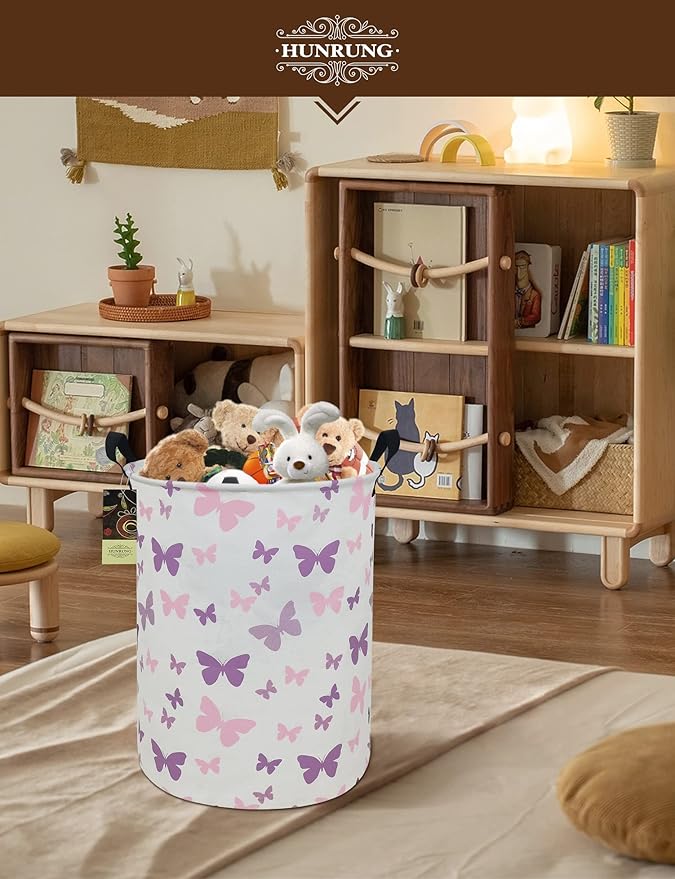 HUNRUNG Laundry Hamper,Large Canvas Fabric Lightweight Storage Basket Toy Organizer Dirty Clothes Collapsible Waterproof for College Dorms（Round-Butterfly）