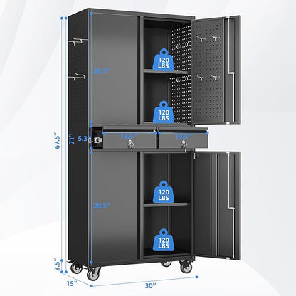 Garage Storage Cabinet with Wheels and Doors,71" H Metal Storage Cabinet with Pegboard and 2 Drawers for Garage, Warehouse,Home,Required Assembly,Black