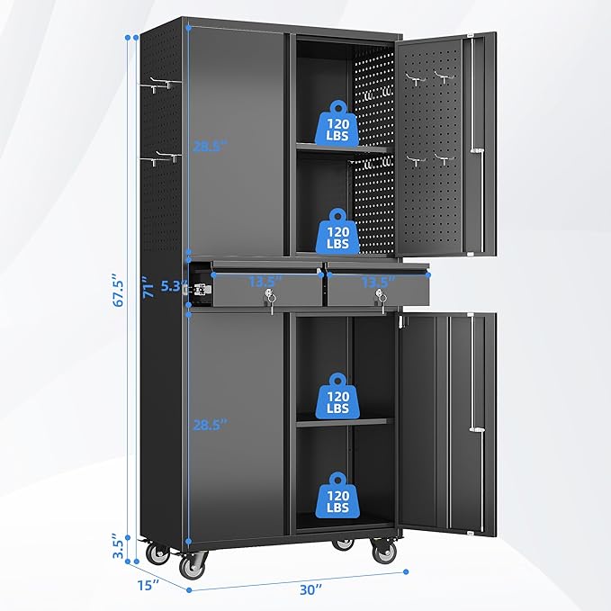 Garage Storage Cabinet with Wheels and 2 Drawers, 71" H Locking Metal Storage Cabinet with Pegboard Doors and 2 Adjustable Shelves for Garage, Warehouse, Home, Black, Assembly Required