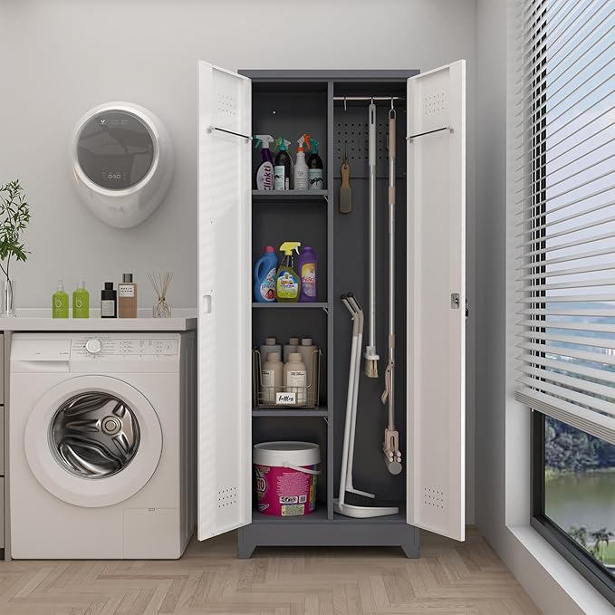 GREATMEET 65" H Broom Closet, Broom Closet Cabinet with Pegboard and Hanging Rod, Cleaning Tool Storage Cabinet, Tall Metal Utility Closets with Locking Doors for Bathroom, Garage