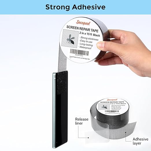 Black Window Screen Repair Tape, 2 in X 15 FT (180IN) Screen Repair Kit for Windows or Doors, Strong Adhesive Screen Patch Fiberglass Screen Tape Mesh Repair (Pack of 2)