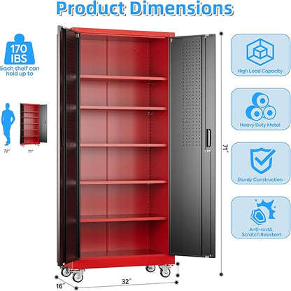 71" H Metal Garage Storage Cabinet with 5 Adjustable Shelves and Pegboard,Steel Storage Cabinet with Wheels for Garage Home Office Utility Room,Required Assembly, Red and Black