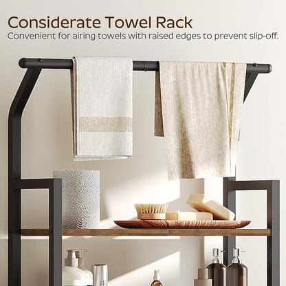 2-Tier Over The Toilet Storage, Multifunctional Vertical Over Toilet Bathroom Organizer, Freestanding Bathroom Storage Shelves with Hooks, Bathroom Organizer, Rustic Brown and Black TR01BR