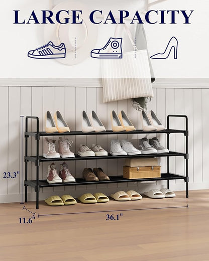 Kitsure Shoe Rack - 3-Tier Long Shoe Organizer with Handles & Non-Slip Feet, Rust-Resistant Metal Shoe Rack for Closet, Entryway, Bedroom, Living Room, 36.1" Wide - 3 Tiers, Black