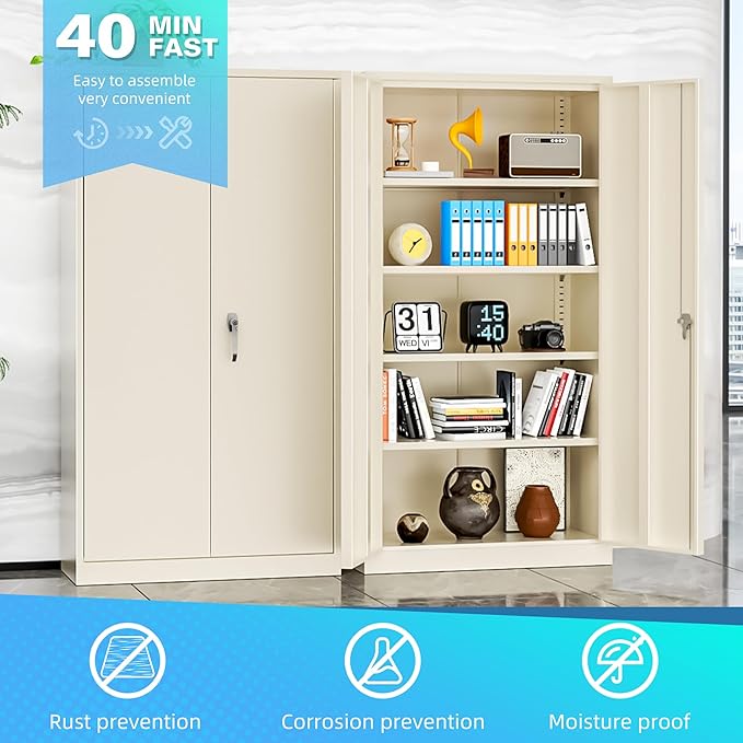 Bonusall Mental Garage Cabinets with 2 Door and 4 Shelves, Locking Cabinet with for Tool，Tall Garage Storage Cabinets for Home Office, Warehouse，School(Grey)