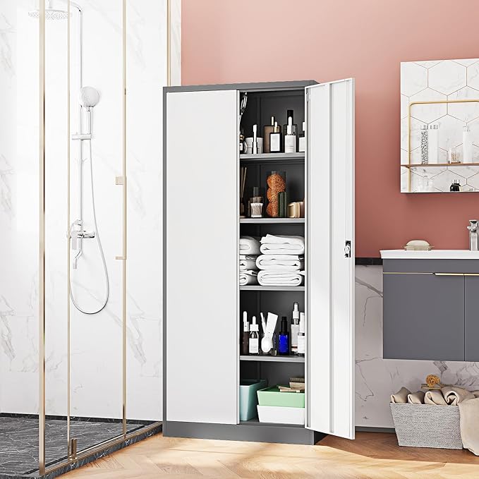 Metal Storage Cabinet-72” Tall Steel File Cabinets with Lockable Doors and Adjustable Shelves-White&Gray Steel Storage Cabinet for Home Kitchen, Office, Garage