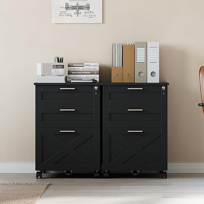 GarveeHome 3-Drawer File Cabinet with Lock, Mobile Under Desk Filing Cabinet for Home Office, Wood Storage Organizer for Letter/a4/Legal Size Documents, Black
