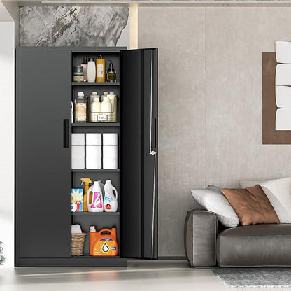 INTERGRAET 63" H Pantry Cabinet, Kitchen Pantry Storage Cabinets with 2 Doors and 4 Shelves,Black Metal Storage Cabinet,Cupboard for Home,Kitchen,Living Room/Dining