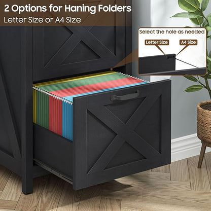 2 Drawer Small File Cabinet, Farmhouse Vertical Filing Cabinet Fits Letter and A4 Size, Under Desk Wooden File Cabinets for Home Office, Printer Stand, Black