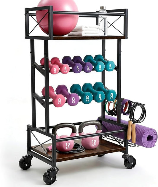 4 Tier Home Gym Storage Rack with Wheels, Yoga Mat Rack Small Dumbbell Weight Rack, Multi-Functional Wood Metal Gym Equipment Storage Rack Workout Cart for Women Kettlebell Fitness Organizer