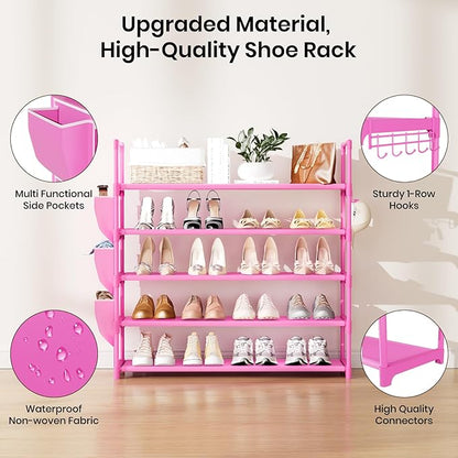 Shoe Rack for Closet Shoe Organizer Space Saver Storage for 20-25 Pair Shoe Shelf with Hook and Side Pocket Free Standing 5 Tier Shoe Rack Organizer for Entryway,Small Spaces, Pink