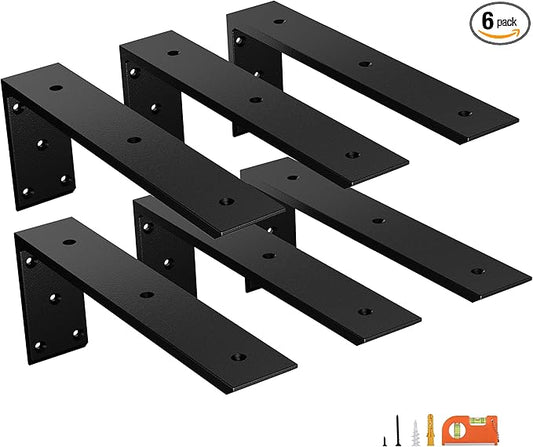 6-Pack 16 Inch Countertop Support Brackets, Heavy Duty L Brackets for Quartz/Wood/Laminate/Granite Countertops | 3/8" Thick Metal Steel | Frosted Black Powder Coated