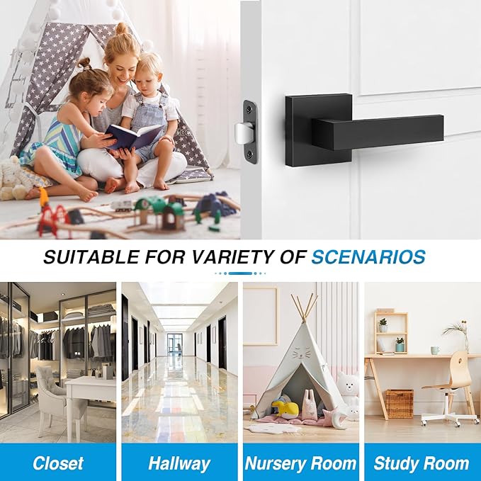4 Pack Black Door Handles Interior, Passage Door Levers for Hallway&Closet, Interior Closet Door Knobs Heavy Duty Square Non-Locking Handlesets(2.0lb), Reversible for Left&Right Sided Doors