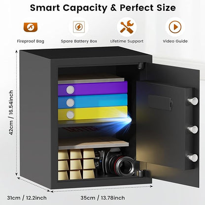 16.54 Inches Tall Safe Box, 2.5 Cuft Home Safe with Fireproof Waterproof Bag, Anti-Theft Digital Security Lock Box with Smart Alert System, Removable Shelf, Mute Function, Document Safes for Jewelry