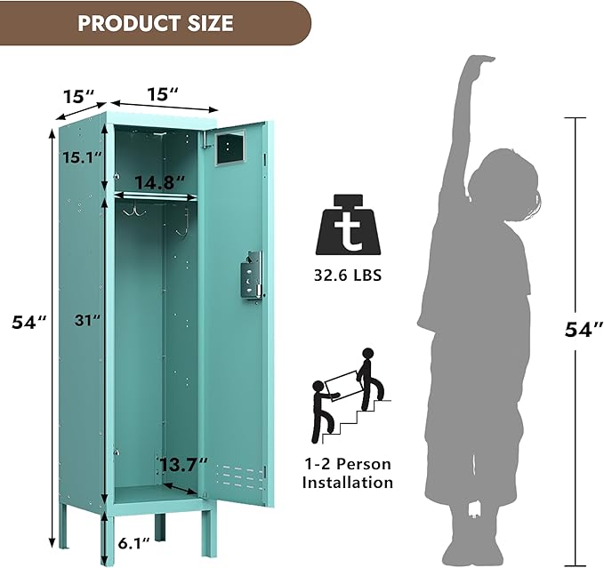 Metal Storage Locker with Lock & Card Slot Locker - Secure Lockable Door - Steel Locker for School, Office, Gym, Home - 54" H x 15" W x 15" D（1 Door, Teal）
