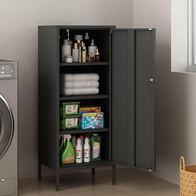 Metal Locker Cabinet Lockable Bathroom Storage Cabinet Black 4 Tier Employee Lockers for Home, School, Office, Garage H49.21'' (Black)