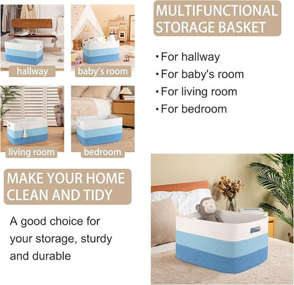 OIAHOMY Large Blanket Basket, 22”x17”x12” Rectangle Woven Baskets, Nursery Blanket Storage Living Room, Toy Storage With Handle, Large Baskets for Organizing-Gradient Light Blue