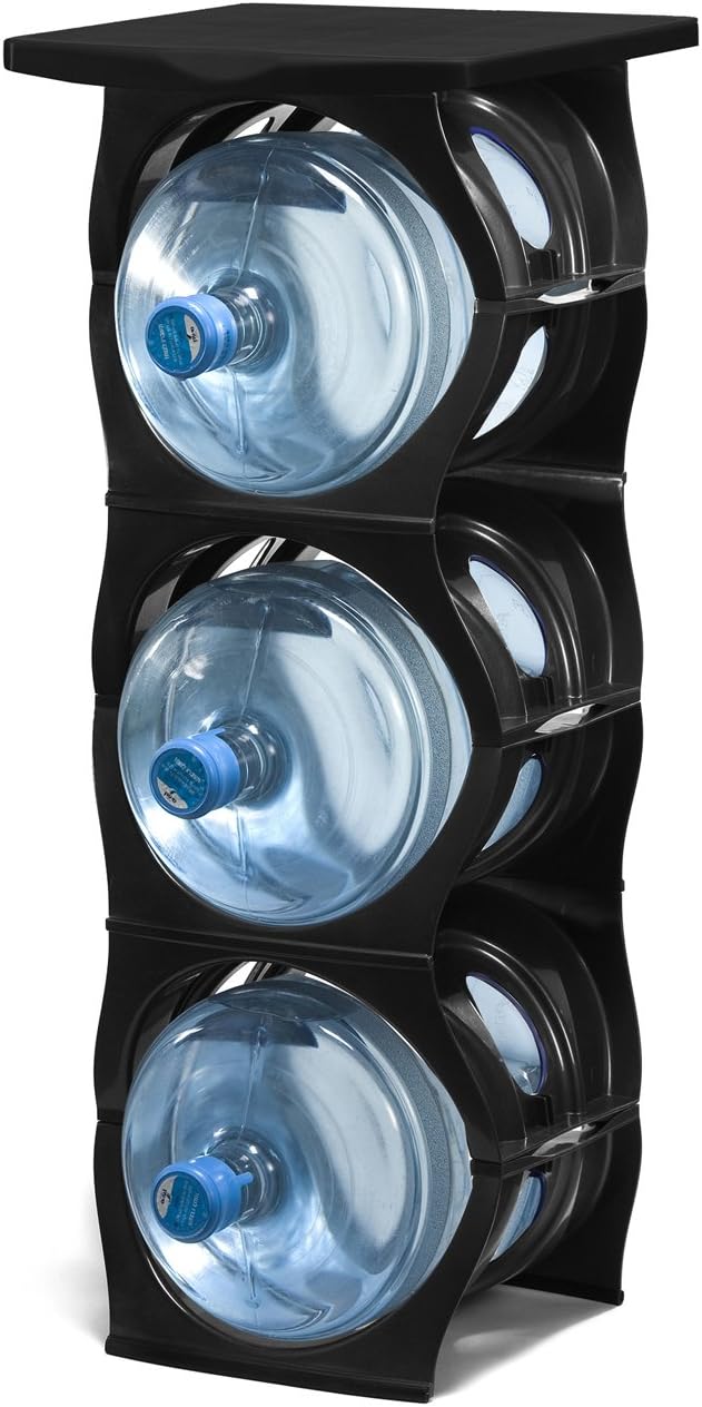 Bariboo Stackable Water Bottle Storage Rack Best Water Jugs 5 Gallon Organizer. Jug Holder for Kitchen, Cabinet and Office Organizing. Reinforced Polypropylene (Black, 3 Plus Shelf)