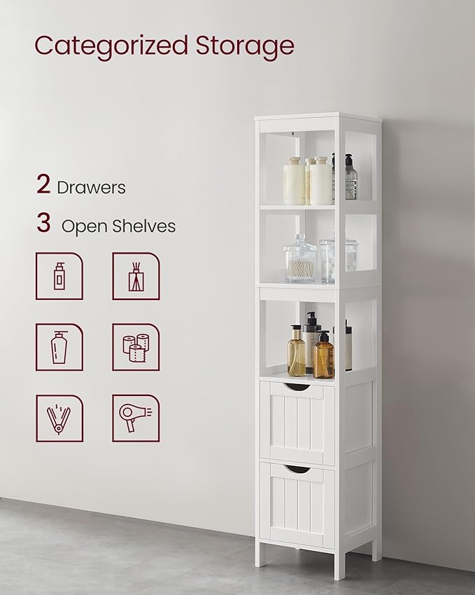 VASAGLE Bathroom Floor Cabinet, Bathroom Storage Organizer Rack Stand, Multifunctional Corner Unit, 2 Drawers, 55.7 Inches in Height, White UBBC066WH01S