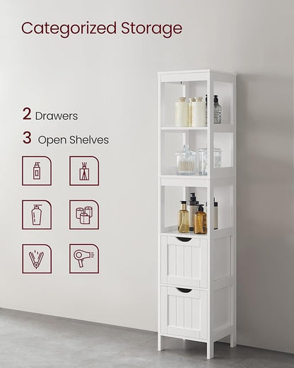 VASAGLE Bathroom Floor Cabinet, Bathroom Storage Organizer Rack Stand, Multifunctional Corner Unit, 2 Drawers, 55.7 Inches in Height, White UBBC066WH01S