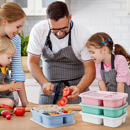 Caperci Wheat Straw Bento Lunch Box Containers for Adults & Kids - 3-Compartment Reusable Meal Prep Containers for School, Work, Travel, Set of 4 (Multicolor & Clear Lids)