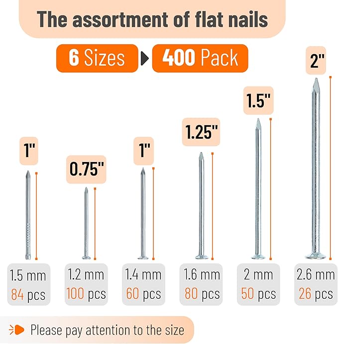 Mr. Pen- Nail Assortment Kit, 400 PCS, 6 Sizes, Silver, Small Nails for Hanging Pictures, Finishing Nails, Wall Nails for Hanging, Pin Nails, Hardware Nails, Assorted Nails, Galvanized Nails