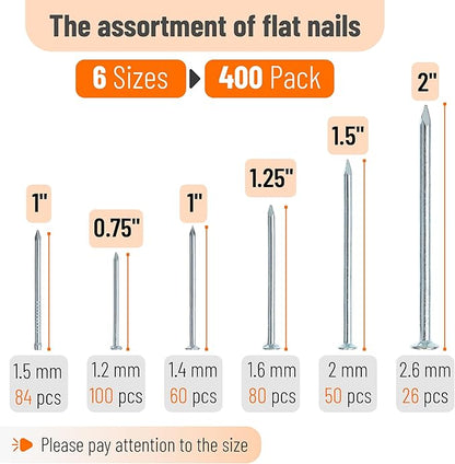 Mr. Pen- Nail Assortment Kit, 400 PCS, 6 Sizes, Silver, Small Nails for Hanging Pictures, Finishing Nails, Wall Nails for Hanging, Pin Nails, Hardware Nails, Assorted Nails, Galvanized Nails