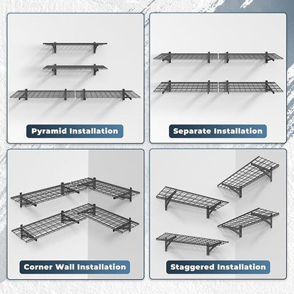 4 Pack Heavy Duty Garage Wall Shelving Set (1.5x4ft), Wall Mounted Garage Shelves 1400lbs Capacity, 18"x96" Shelf Storage Rack Floating Shelves, Black