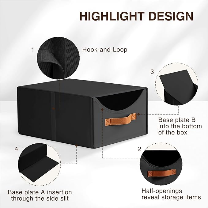 Stackable Storage Drawers - Collapsible Storage Bins with Drawers, 6 Pack Small Closet Organizer Bins, Fabric Pull Out Organizer for Bedroom, Living Room, Dorm, Black